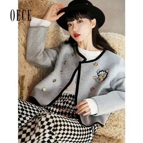 Oece秋冬装新款女装温柔法式复古徽章双排扣短款外套小个子商品大图