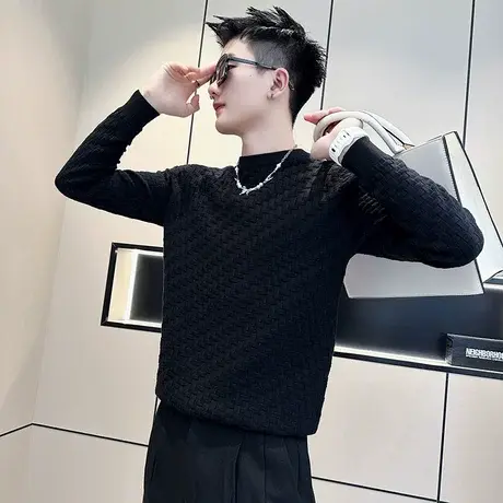 毛衣男秋冬季个性纯色格子设计感小众简约圆领套头内搭针织衫体恤商品大图