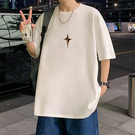 潮牌ins设计感印花纯棉t恤男短袖夏季oversize重磅圆领上衣打底衫商品大图