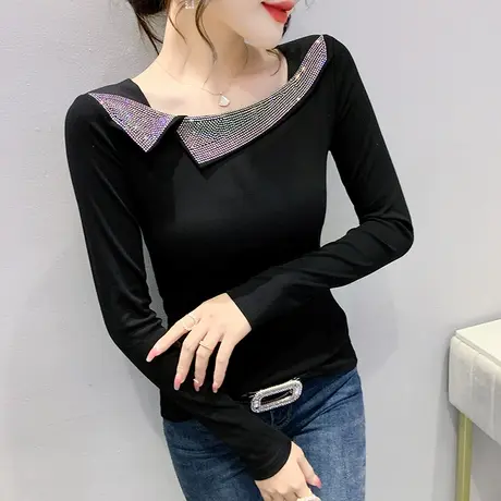 时尚烫钻打底衫女春秋2023新款修身百搭T恤长袖欧货洋气别致上衣商品大图
