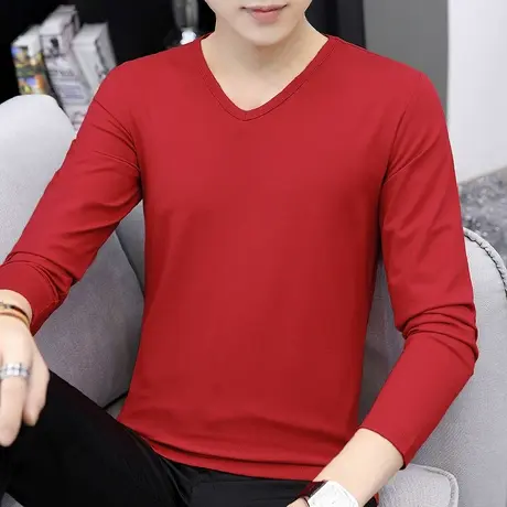 红色男士长袖t恤V领本命年秋季衣服纯色小衫莫代尔内搭打底衫秋衣商品大图
