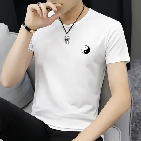 莫代尔白色t恤男士短袖潮牌潮流百搭圆领上衣服夏季冰丝半袖体恤商品大图