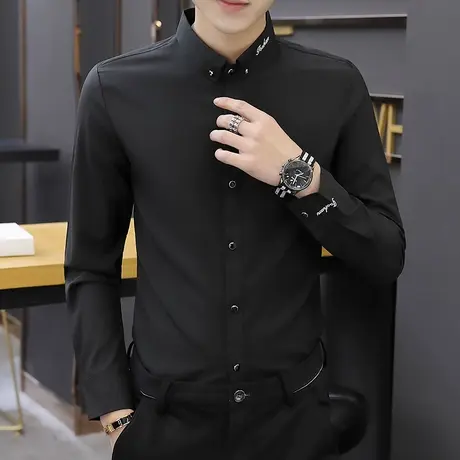 春秋新款衬衫男士长袖韩版抗皱免烫黑色衬衣男装帅气修身弹力寸衫商品大图
