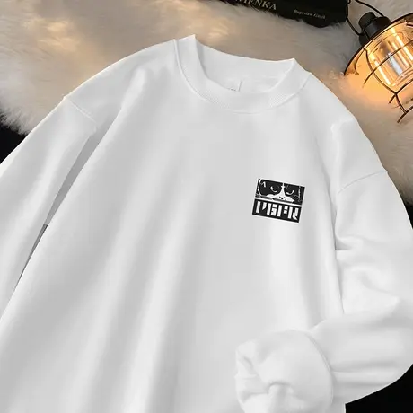 450g重磅白色卫衣男秋冬款2024新款摇粒绒保暖圆领打底衫长袖t恤商品大图