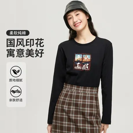 真维斯Z+女装 个性百搭印花长袖t恤秋季新款纯棉正肩版型打底衫商品大图