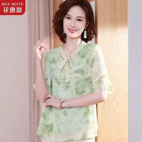 2023新款中年妈妈夏装上衣T恤小衫洋气衣服女中老年人短袖雪纺衫图片