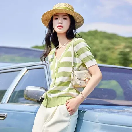时尚短袖条纹针织衫2023年夏季新款淑女休闲V领显瘦通勤百搭上衣图片