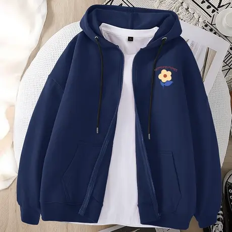 秋季开衫连帽卫衣女2023年新款宽松拉链上衣藏青色薄款设计感外套商品大图