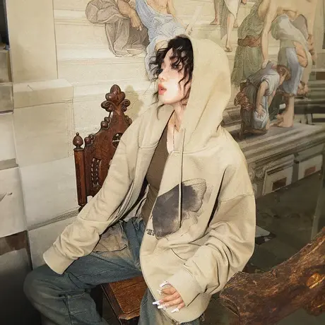 YEP蝴蝶开衫连帽卫衣女春秋2024年新款复古潮牌宽松oversize外套图片