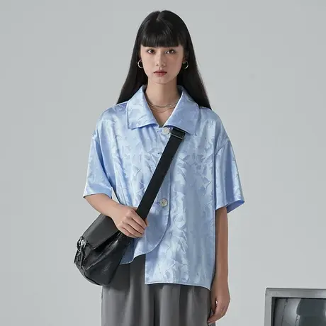 omont蛋挞家 复古不规则绿色衬衫女夏薄款宽松设计感小众缎面衬衣商品大图