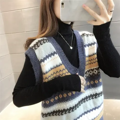 2023春秋复古洋气撞色V领针织马甲女韩版宽松无袖毛衣背心坎肩潮商品大图