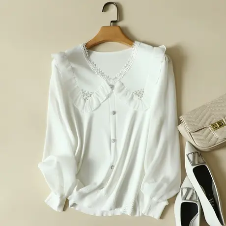 冰丝针织衫女雪纺袖春装2024年新款长袖宽松上衣洋气蕾丝打底衫女商品大图