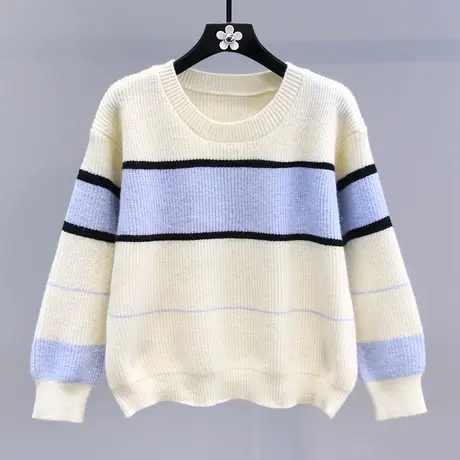 撞色条纹套头毛衣女秋冬2023新款宽松时尚慵懒风学生打底针织衫商品大图