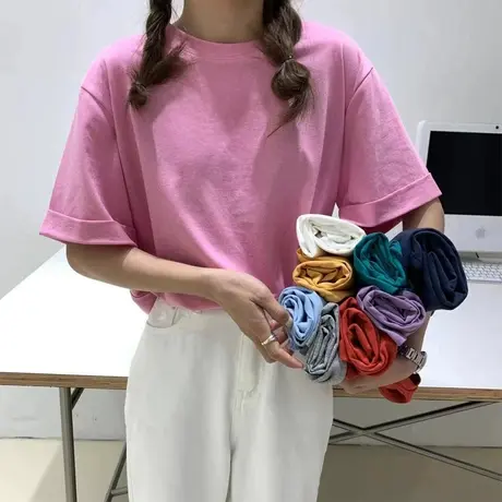 2021春夏新款纯色棉T恤韩国东大门ins简约百搭宽松短袖T恤打底衫图片