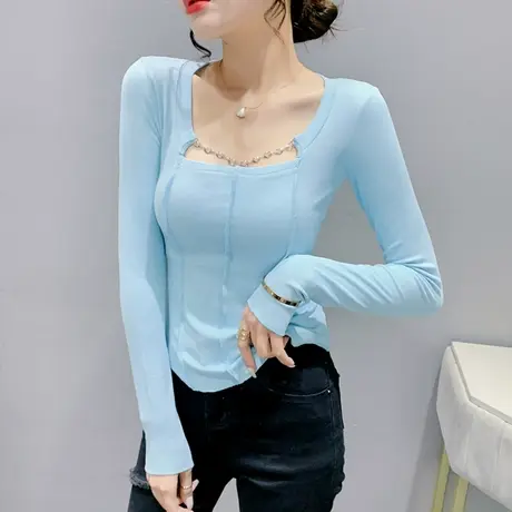 2024春装新款时尚链子T恤女长袖高腰紧身洋气打底衫内搭性感上衣图片