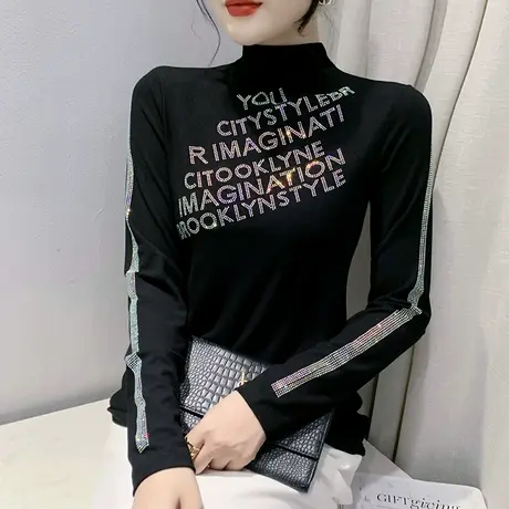 半高领加绒打底衫女内搭秋冬重工烫钻气质T恤设计感小众上衣长袖商品大图