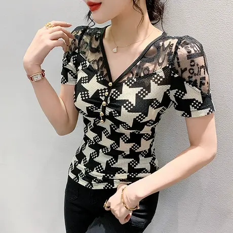 女装2024新款性感网纱T恤女短袖千鸟格印花洋气上衣紧身V领小衫夏图片