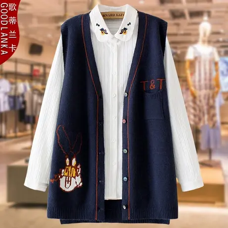 加肥加大码秋装毛衣马夹女中年妈妈宽松洋气百搭V领针织马甲外套商品大图