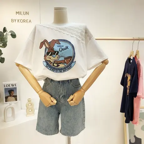 小众设计感短袖韩国东大门2021夏季蕾丝拼接露肩T恤上衣宽松显瘦商品大图