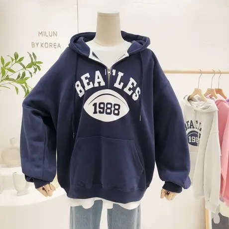 小众设计感上衣2022早春新款韩国东大门字母半拉链连帽卫衣大码潮图片