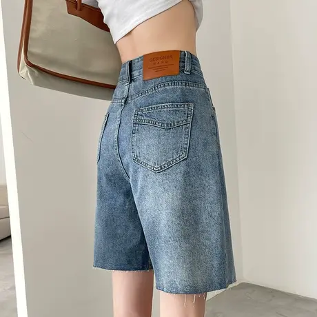 港味蓝色牛仔短裤女夏款薄款高腰中裤显瘦直筒毛边韩版五分裤热裤商品大图