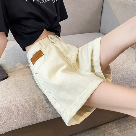 卷边牛仔短裤女2024年夏季薄款高腰a字宽松显瘦遮肉百搭阔腿中裤商品大图