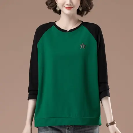 早秋长袖t恤女加肥加大码女装宽松纯棉百搭拼接遮肚子显瘦打底衫商品大图