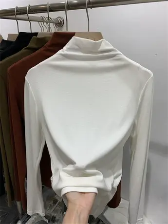 简约半高领上衣褶皱软糯长袖女2023年秋季新款T恤修身百搭打底衫图片