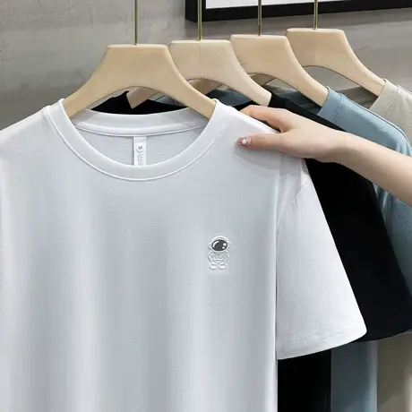 冰丝棉纯色短袖T恤男款白色凉感半袖夏季男士体恤卡通印花打底衫商品大图