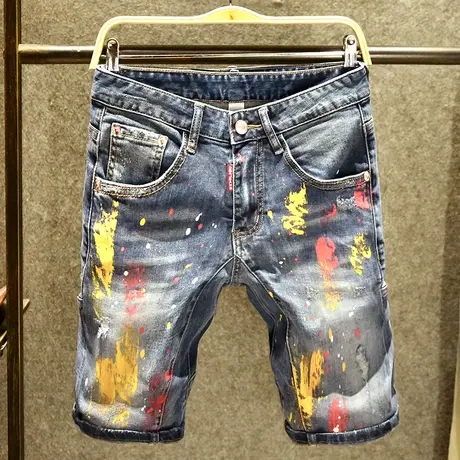 潮牌破洞牛仔短裤男潮流ins修身百搭中裤个性涂鸦五分裤夏季薄款商品大图