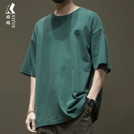 希越2024夏季新款ins刺绣短袖T恤男宽松大码纯棉绿色体恤运动衣服商品大图
