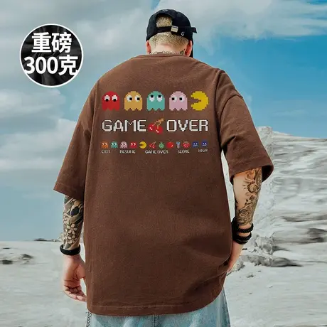 300g重磅美式复古短袖t恤街头大码青少年圆领纯棉半袖男潮流夏季商品大图