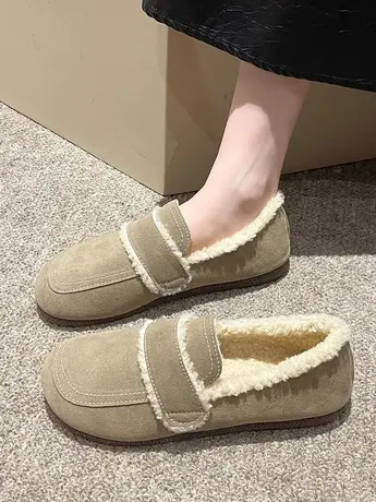 日系羊羔毛豆豆鞋女冬加绒单鞋2023新款百搭一脚蹬平底孕妇毛毛鞋商品大图