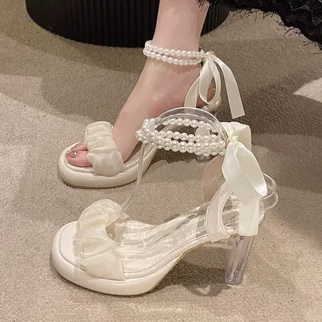 时装凉鞋女2024年春夏新款仙女风高跟鞋珍珠绑带蝴蝶结配裙子鞋子商品大图