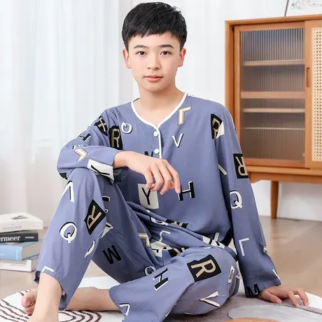 男童棉绸睡衣男长袖人造棉套装初中学生大童夏季薄款青少年家居服图片