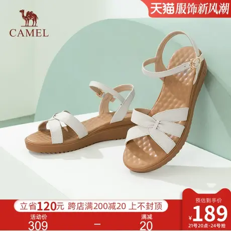 骆驼女鞋2023夏季新款真皮软底一字带露趾平底厚底罗马女时装凉鞋图片