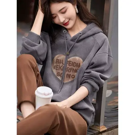 时尚气质休闲上衣2023年冬季新款百搭连帽宽松一体绒厚款连帽卫衣图片