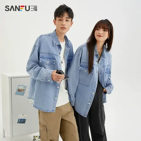 三福2024春男士工装口袋牛仔衬衫 休闲宽松翻领外套上衣479141商品大图