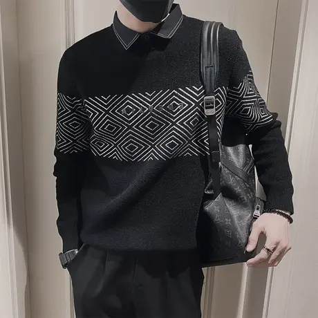 衬衫领拼接假两件毛衣男秋冬轻熟ins小众菱形提花长袖打底针织衫图片