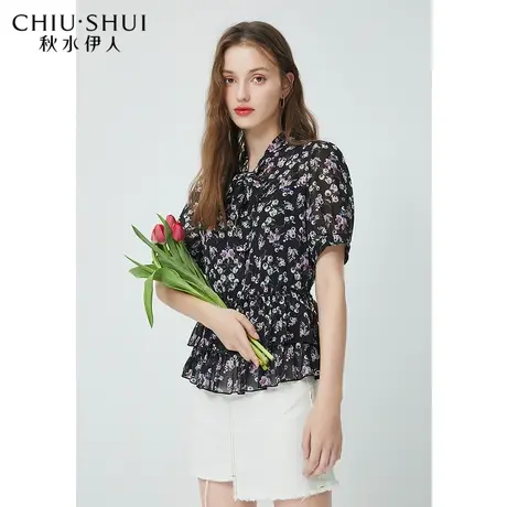秋水伊人碎花上衣夏装2021新款女装时尚系带领荷叶边两件套雪纺衫图片