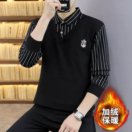 毛衣男士假两件衬衫领潮流冬装针织衫加绒加厚上衣带领线衣打底衫图片
