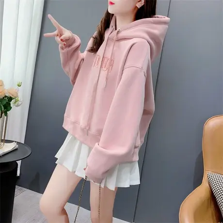 冬季短款小个子加绒连帽卫衣女2023年新款宽松减龄时尚设计感上衣图片