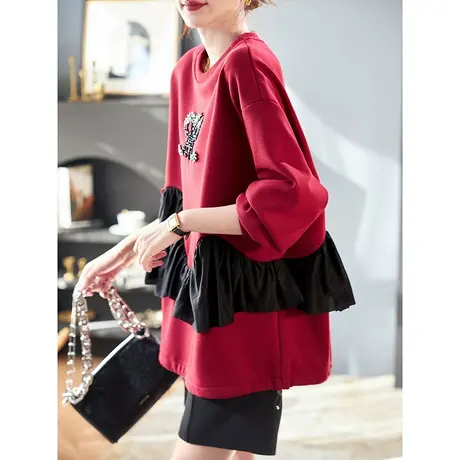 宝诗黎圆领抽绳拼接钉钻加绒卫衣2023冬季新款宽松落肩套头上衣女图片