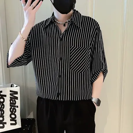 夏季男士潮牌短袖衬衫2023新款条纹ins五分袖潮男理发师中袖衬衣图片