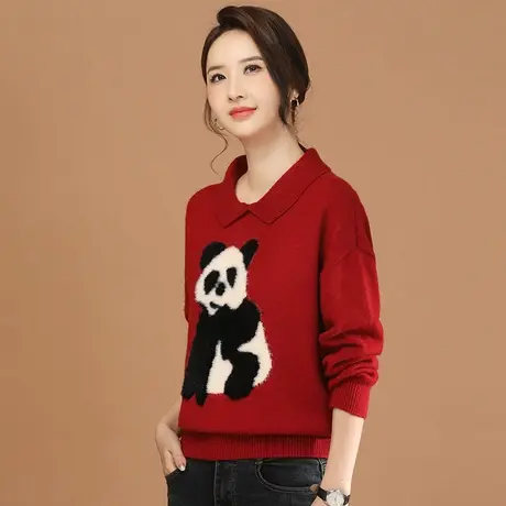 新品85折】熊猫刺绣长袖红色毛衣女2023冬季新款休闲针织衫上衣图片