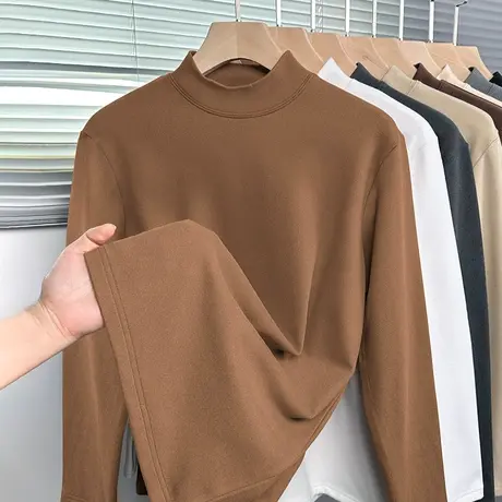 300g重磅双面德绒打底衫半高领长袖t恤男加绒保暖上衣服中领体恤商品大图