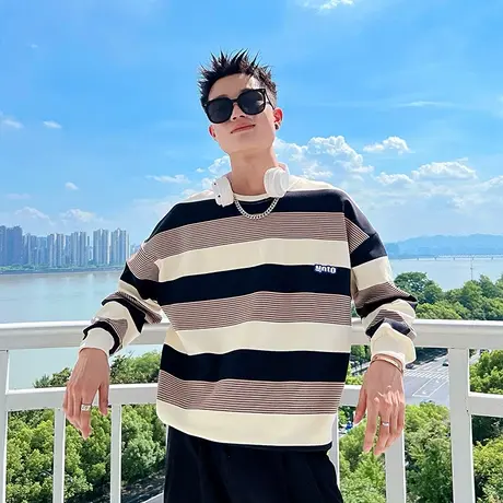 美式复古撞色拼接卫衣男小众设计休闲慵懒风秋季宽松长袖上衣t恤商品大图