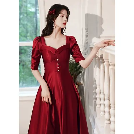 缎面敬酒服新娘2023新款红色平时可穿礼服订婚连衣裙回门便装法式商品大图