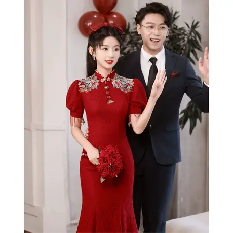 中式旗袍敬酒服2023新款新娘高级感鱼尾订婚礼服女夏季红色连衣裙图片
