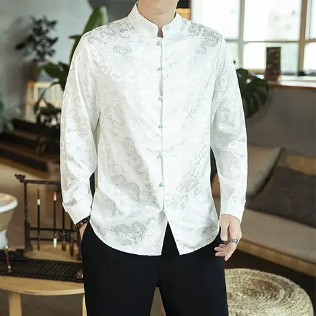 中国风汉服龙袍复古唐装男青年民族衬衫中式盘扣衬衣春季古风茶服图片